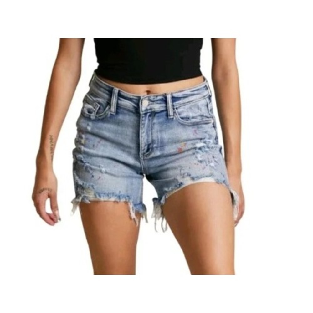 Judy Blue Mid Rise Paint Splatter Distressed Denim Shorts Light XL JB15245LT